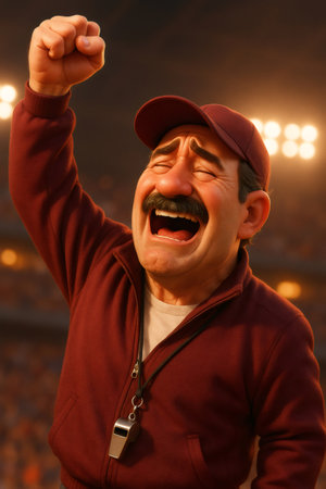 Happy coach yelling with eyes closed and fist raised in a stadium, celebrating a successful game winの素材