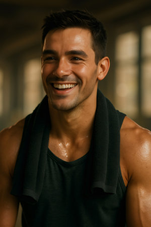 Energetic man smiling, his skin glistening with sweat after a successful gym workout. Feeling healthy and satisfiedの素材