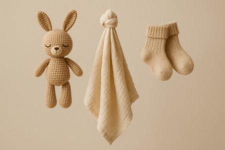 Neutral beige baby essentials hung gently crochet bunny, socks and blanket evoke soft, organic comfort, warmth and newborn careの素材