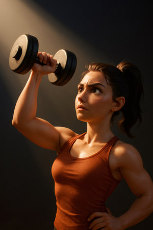 Strong woman lifting a dumbbell in gym, intensely focused on building muscle, strength and fitness through determined trainingの素材
