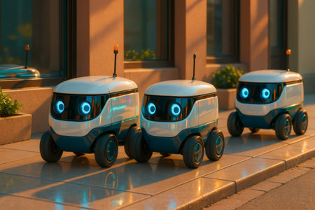 Group of advanced delivery robots moving on a city sidewalk. Modern technology and automation in urban logisticsの素材