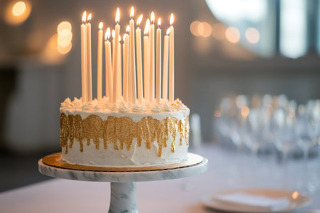 White frosting cake featuring dripping gold glitter and numerous lit candles, standing on a marble cake stand for a celebrationの素材