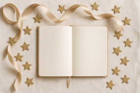 Blank pages of an open notebook with a flowing golden ribbon and glitter stars on a textured cream background, offering space for dreams and plansの素材