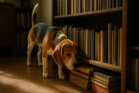 Curious beagle dog standing next to a vintage wooden bookshelf, diligently sniffing the old books. Discovery and learning conceptの素材