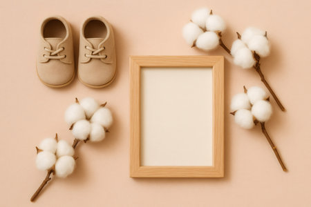 Neutral flat lay creating a serene baby announcement or welcome card design template with copy spaceの素材
