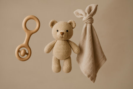 Organic cotton blanket, wooden rattle, and crochet teddy bear creating a gentle, eco friendly baby gift set against a beige backgroundの素材