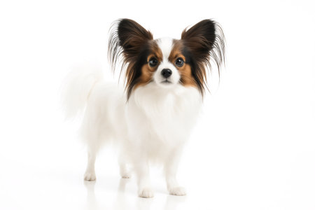 Papillon dog standing, looking directly at camera. Isolated studio portrait on a white background with a subtle reflectionの素材