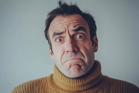 Man looking directly at camera with an expression of concern and confusion, head tilted, lips pursed in discomfortの素材
