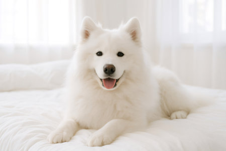 Happy Samoyed dog relaxing on a clean white bed in a bright bedroom, looking directly at the viewer with a friendly expressionの素材