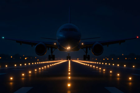 Passenger aircraft moving on a brightly lit runway during nighttime, preparing for takeoff or final landing. Global travel conceptの素材