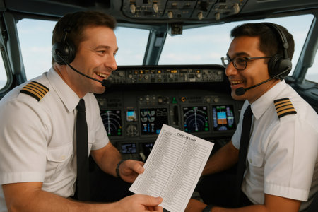 Two smiling airline pilots engaging in a discussion and showing a checklist in an aircraft cockpit, demonstrating teamwork and professional communicationの素材