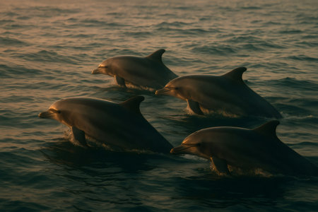 Group of wild dolphins navigating the ocean at sunset, creating splashes and motion, representing marine life and freedomの素材