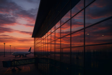 Modern airport terminal with a passenger airplane preparing for departure, reflecting a vibrant sunrise sky on its glass facadeの素材