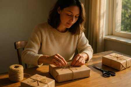 Woman carefully tying twine around a gift wrapped in rustic brown kraft paper, preparing for a special occasionの素材