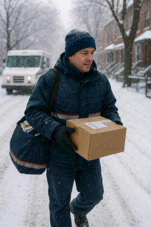 Postal worker walking outdoors on a snowy street, carrying mailbag and package, with a delivery truck in backgroundの素材