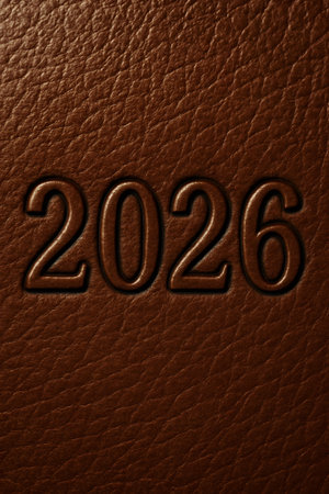 Number 2026 appearing embossed or debossed on brown leather surface, symbolizing new year, planning, and futureの素材