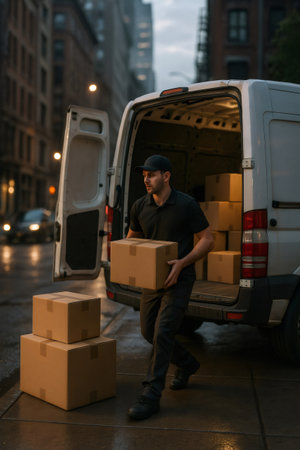 Delivery driver handling packages from cargo van on a wet city street, representing logistics, shipping, and courier serviceの素材