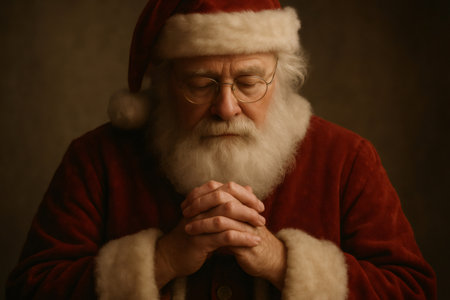 Santa Claus closing eyes, hands clasped, expressing humility and quiet contemplation during the holiday seasonの素材