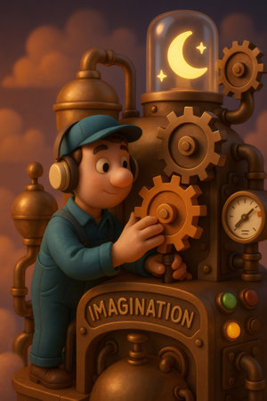 Cartoon character engaging with an elaborate mechanical device, symbolizing the creative process and the birth of new ideasの素材