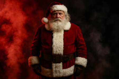 Stern Santa Claus looking directly forward, wearing his traditional red suit and white beard, standing amidst red smokeの素材