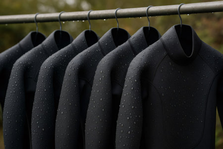 Multiple black wetsuits with water droplets hanging on a metal bar, drying outdoors after water sports activitesの素材