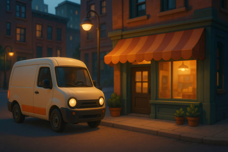 White delivery van parked on a city street in front of a cozy small shop with a striped awning, illuminated by streetlights at duskの素材