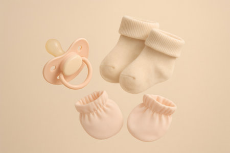 Soft pastel baby items including a pacifier, socks, and mittens floating on a gentle background, representing new life and infancyの素材