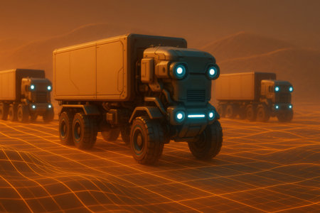 Robotic trucks navigating a futuristic digital grid in an arid, orange lit environment, symbolizing advanced logistics and artificial intelligenceの素材