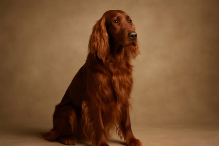 Irish Setter dog sitting, looking alert and graceful against a plain studio background, showing its beautiful reddish brown coatの素材