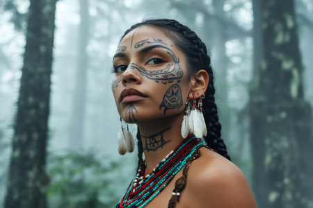 Indigenous woman posing in nature, intricate tribal designs painted on her face, wearing feather earrings and beaded necklacesの素材