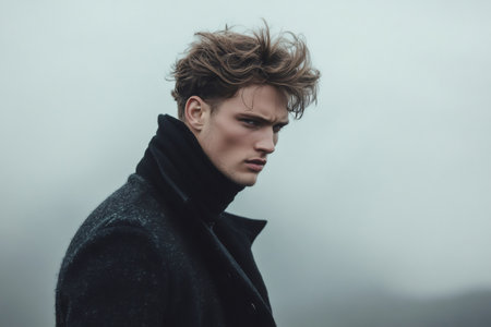 Young man with textured brown hair and a serious expression, wearing a dark coat and turtleneck sweaterの素材