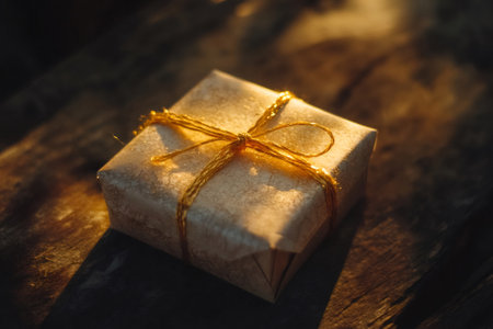 Gift box wrapped in textured paper with a golden ribbon bow on a dark rustic wooden surface, receiving warm lightの素材