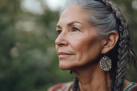 Mature woman with long gray braids and patterned earrings looking thoughtfully outdoors, reflecting natural beauty and wisdomの素材