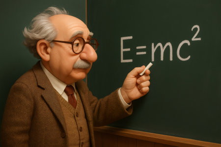 Cartoon scientist writing Emc on a school chalkboard. Illustrating concepts of science, education, and theoretical physicsの素材