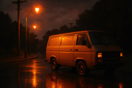 Vintage van parked on a wet urban street at night, reflecting the warm orange glow of old streetlights under a dark skyの素材