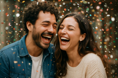Happy man and woman celebrating and enjoying a lively party moment with vibrant confetti surrounding them, sharing a laughの素材