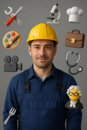 Smiling man in hard hat and overalls surrounded by 3D icons representing various professions, symbolizing career choice and opportunitiesの素材