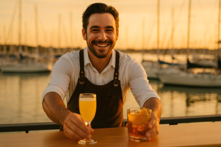 Friendly bartender serving two refreshing coctails, offering excellent service against a golden sunset marina backdropの素材