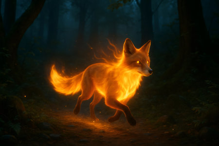 Mystical fox glowing with fiery energy, moving quickly along a path in a magical and foggy dark forestの素材