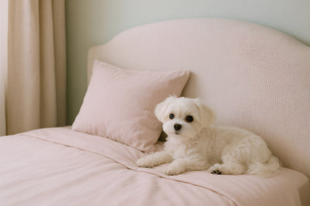Maltese dog relaxing on a cozy bed with pink bedding and pillows, creating a comfortable and calm domestic sceneの素材
