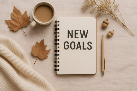 Notebook displaying NEW GOALS with coffee, maple leaves, and cozy blanket, symbolizing autumn planning and aspirationsの素材