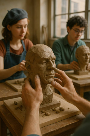 Students learning sculpture, molding clay into human head busts in an art studio, developing artistic skillsの素材