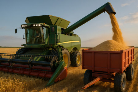 Combine harvester working in a wheat field, harvesting crops and loading grain into a red farm trailer under a clear skyの素材