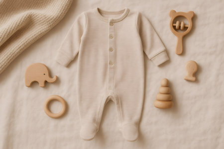 Neutral baby onesie and organic wooden toys arranged on soft fabric, representing infantry, comfort, and sustainable livingの素材
