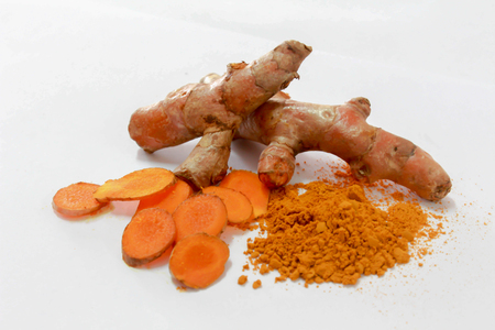 top view Turmeric roots and turmeric powder