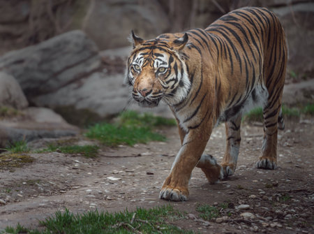 Close up of a tiger walking in the zoo. Selective focus.の写真素材