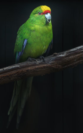 Green parrot sitting on a tree branch in a zoo. Close up.の写真素材