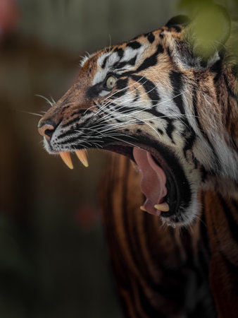 Close-up of a tiger's mouth with open mouth and tongue outの写真素材