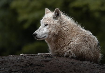 White wolf, Canis lupus, single mammal on rock, UKの写真素材