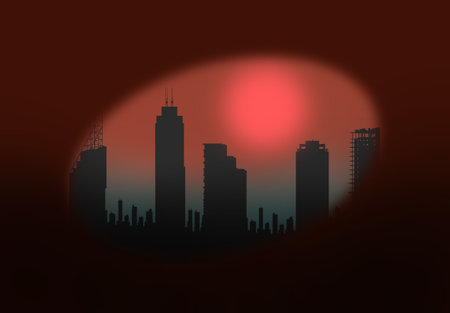 Silhouette of the city at night with red light. Vector illustration.のイラスト素材